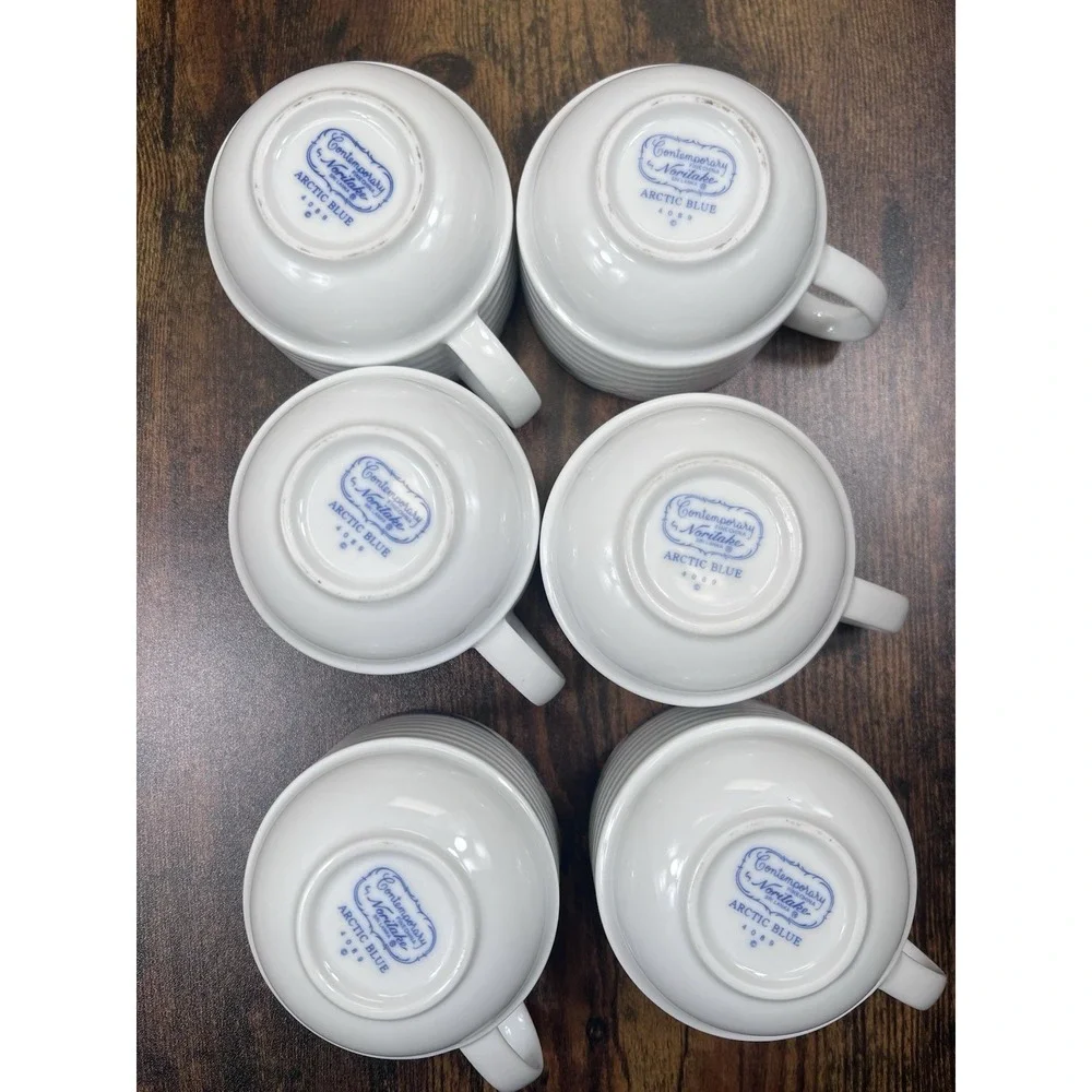 Lot Of 6 Contemporary Noritake Tea Cups Arctic Blue Ribbed Very Nice